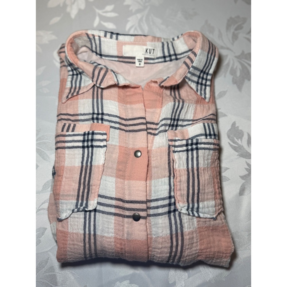 KUT from the Kloth Peach Plaid Snap Front Shirt Womens Medium Cottagecore Boho